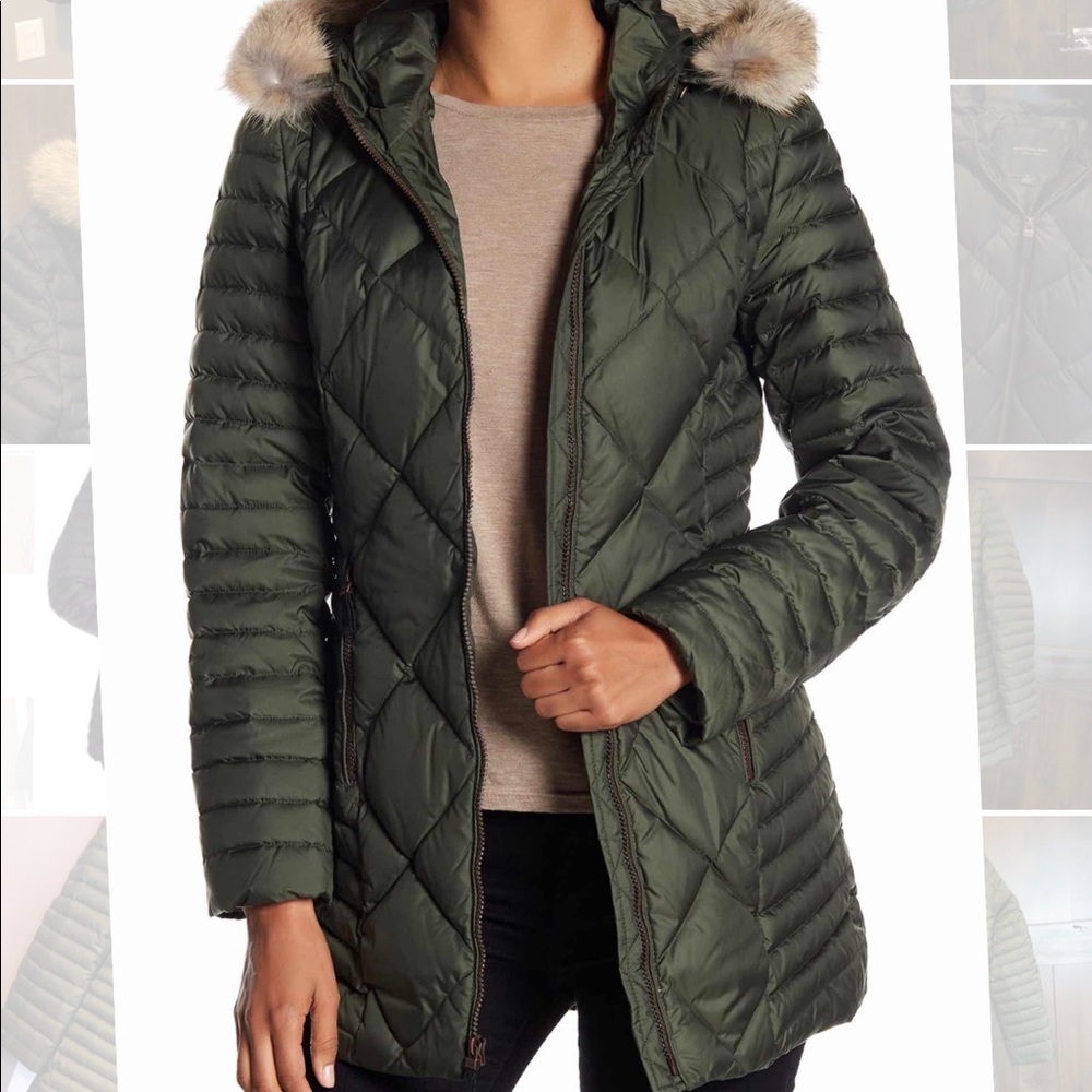 Andrew Marc Genuine Hooded Coat- L , Olive Green